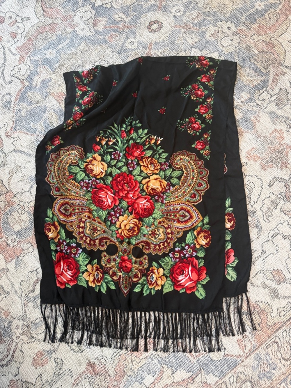 Black Floral Fringed Shawl Scarf